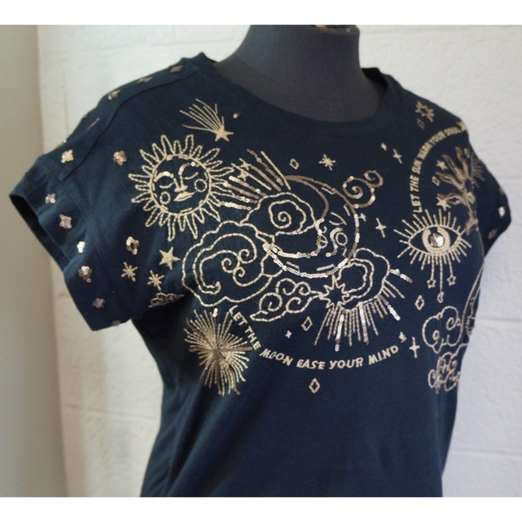 Johnny Was Relaxed Sequin Top Warm Your Soul Sz M-shirt Black Gold Embroided - Picture 7 of 11